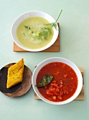 Cucumber soup and tomato soup in bowl