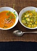Pumpkin soup with Brussels sprouts soup in bowl