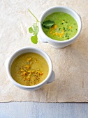 Pea soup and lentil soup in bowl