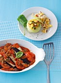 Pineapple kohlrabi with eggplant and tomato bake in serving dish