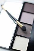 Close-up of sponge make-up brush with eye shadow palette