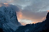 View of snow mountains at sunset in winter at Leutaschtal, North Tyrol, Italy