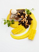 Perch with sweet corn, capers and pine nuts on white background