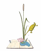 Illustration Traumteich, Rohrkolben, Seerose und Frosch auf Buch