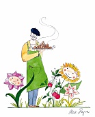 Gärtner steht im Blumenbeet Illustration