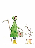 Gärtnerin gießt Planze, Illustration Erste Hilfe