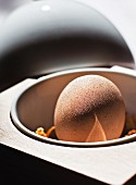 A chocolate ball filled with coconut and mango mousse