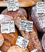 Close-up of baked bread with label on it