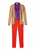 Lurex-Cardigan in gold, lila Bluse, orangefarbene Hose