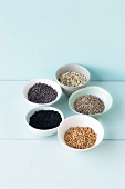 Five bowls of different seeds on blue background