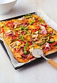 Close-up of baked vegetable pizza on baking tray