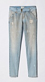 Blue acid wash jeans with rivets on white background