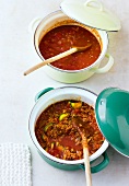 Tomato sauce and minced meat sauce in casseroles