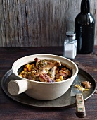 Duck cassoulet in serving dish