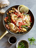 Paella in pan, overhead view