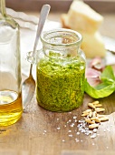 Pesto alla genovese in jar with spoon