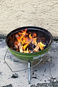 BBQ Basics, brennende Holz- kohle im Grill