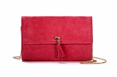 Red pocket purse with golden chain on white background