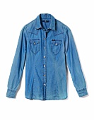 Close-up of blue cowboy style denim shirt blouse with basic chest pocket