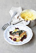 Char with mashed potatoes and beetroot crisps