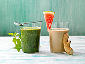 Watermelon, ginger and mint smoothies for detoxing in glasses