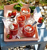 Strawberry rhubarb in glasses on serving tray