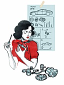Illustration, Frau, schraubt, repariert, Werkzeug, Technik