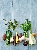 Various vegetables on wooden background