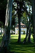 View of private villa with trees at Gstadt am Chiemsee, Rosenheim, Bavaria, Germany