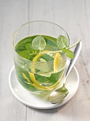 Close-up of glass of water with mint and lemon