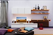 Living room with flat Television, cushion and shelves on wall