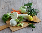 Fennel, chicory, turnips and carrots on chopping board