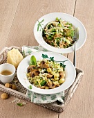 Oats with fennel, mushroom and courgette risotto on plate