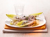 Chicory boat with tuna and onions on plate
