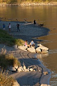 People at coastline of Inn river at Wasserburg am Inn, Rosenheim, Skulturenweg, Germany