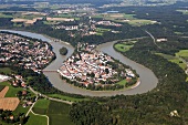 View of cityscape with Wasserburg am Inn in Rosenheim, Bavaria, Germany, Aerial view