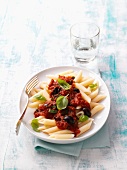 Pasta with spicy tomato sugo on plate