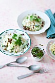 Cucumber and coriander salad with elbow macaroni and a yogurt and sesame sauce