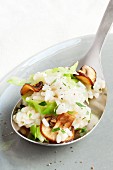 A spoonful of pointed cabbage risotto with mushrooms