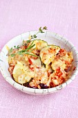 Gratinated vegetable rice with prawns