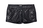 Quilted black leather hot pants on white background