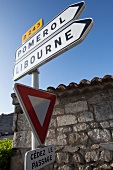Close-up of road sign board, France