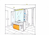 Illustration of bathroom with laundry room in the centre