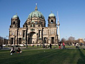 View of Berlin cathedral with people in front at Mitte, Berlin, Germany