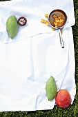 Ingredients for a mango dessert on a cloth on the grass