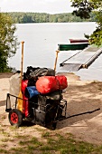 Luggage, bags and canoe paddles in hand cart near jetty and lake