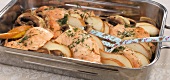 Salmon with pears in serving dish