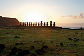 Moai stone statues in Easter Island, backlit