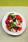 Tomato salad with feta cheese and herb on plate