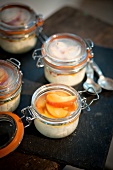 Bavarian cream with wine apples as topping in glass jar